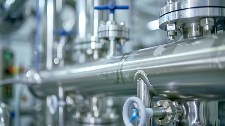 Pharmaceutical plant with steel pipeline valves as part sterile environment